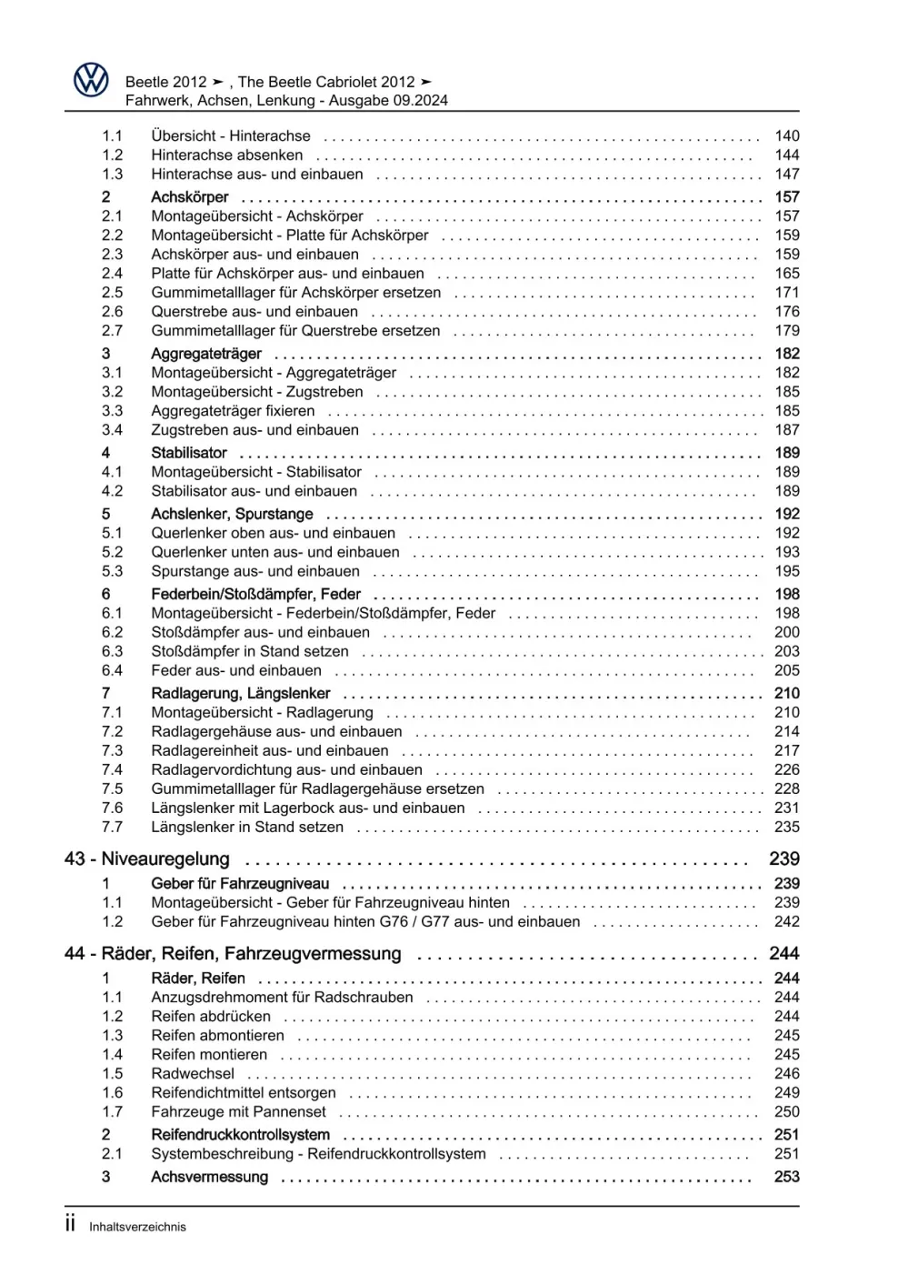 VW Beetle Typ 5C 2011-2016 Fahrwerk Achsen Lenkung Reparaturanleitung