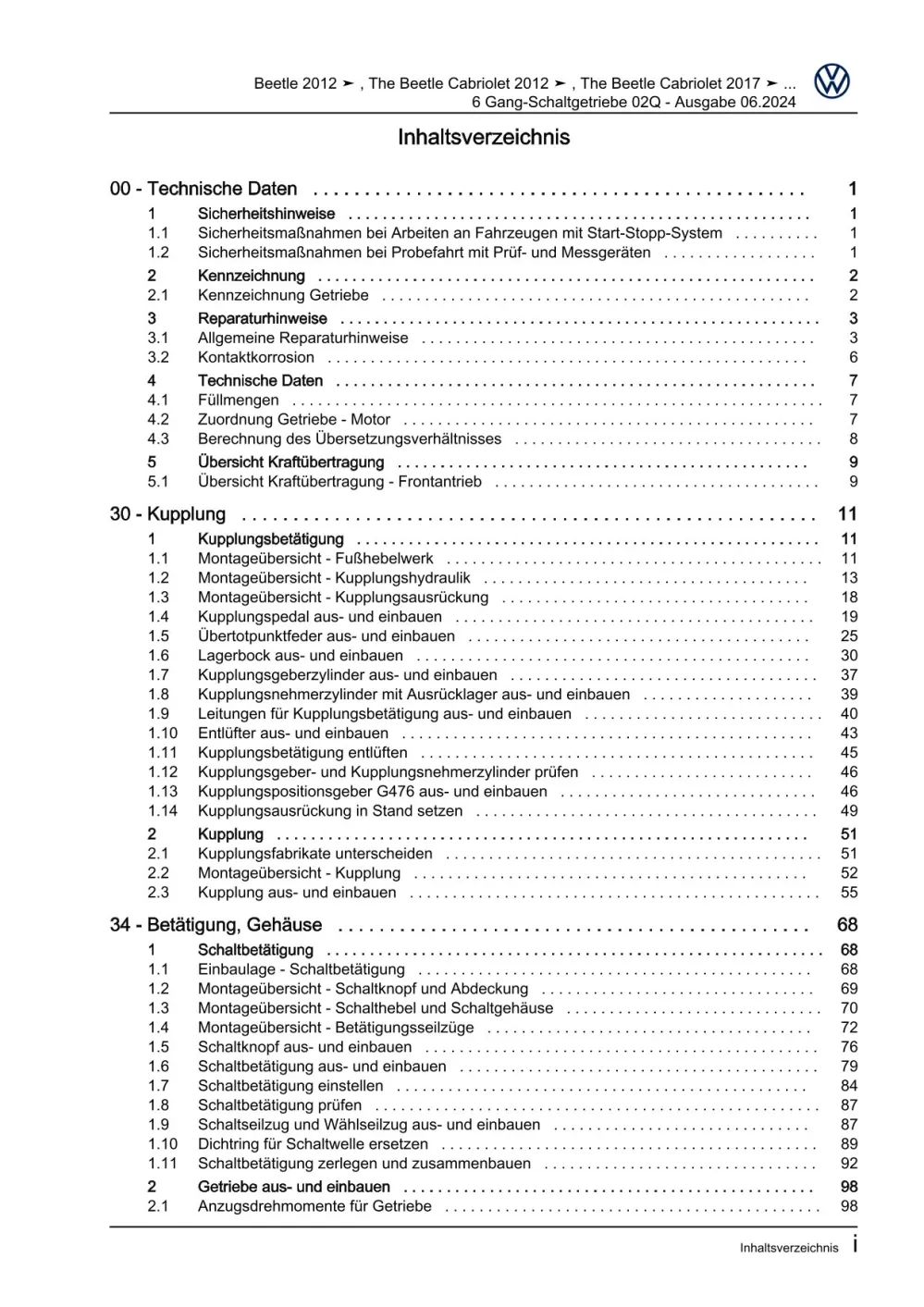 VW Beetle Typ 5C 2011-2016 6 Gang Schaltgetriebe 02Q Kupplung Reparaturanleitung