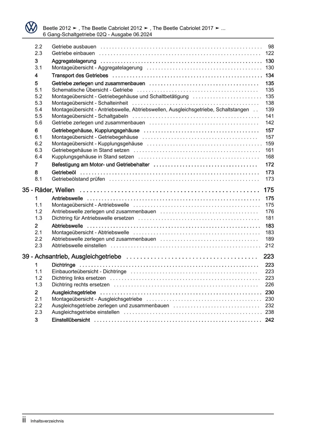 VW Beetle Typ 5C 2011-2016 6 Gang Schaltgetriebe 02Q Kupplung Reparaturanleitung
