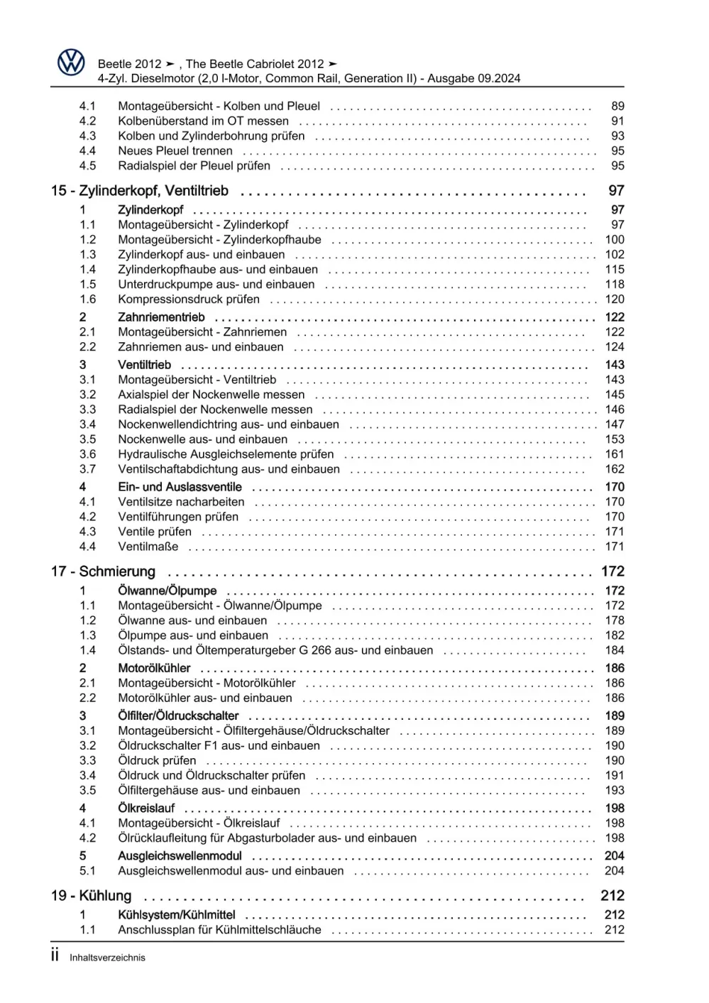 VW Beetle Typ 5C 2011-2016 4-Zyl. Dieselmotor 2,0l 140 PS Reparaturanleitung