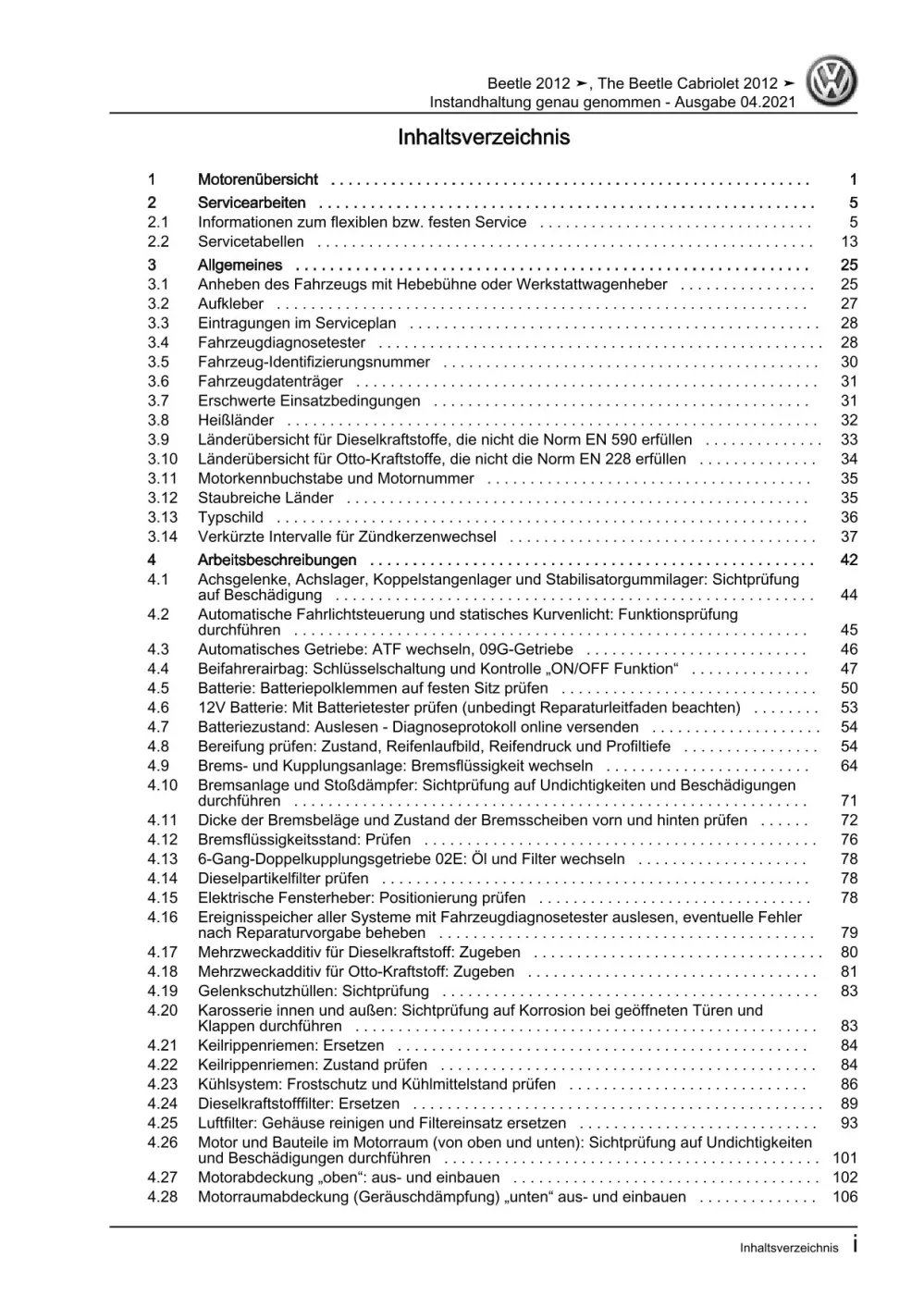 VW Beetle Cabrio 5C (11-16) Instandhaltung Inspektion Wartung Reparaturanleitung