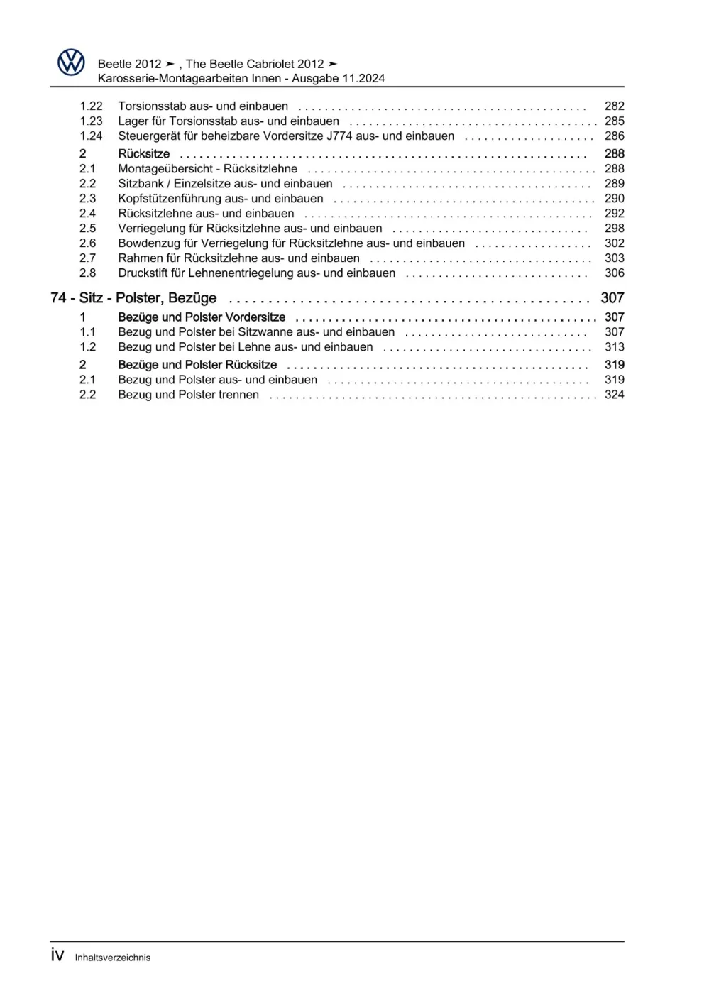 VW Beetle Cabrio 5C (11-16) Karosserie Montagearbeiten Innen Reparaturanleitung