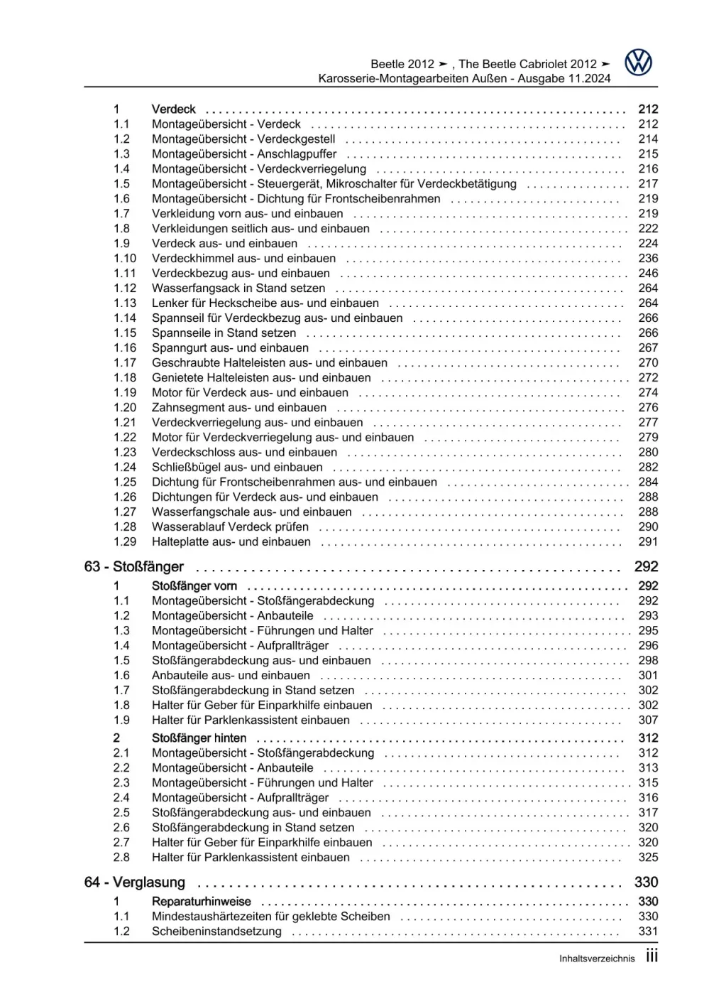 VW Beetle Cabrio 5C (11-16) Karosserie Montagearbeiten Außen Reparaturanleitung