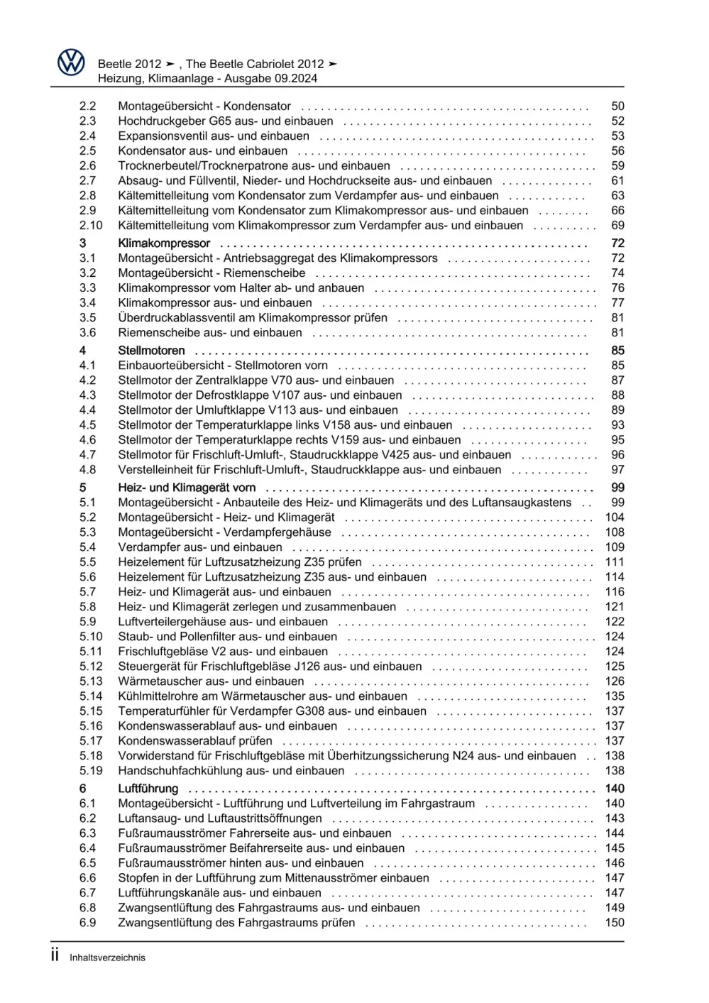VW Beetle Cabrio Typ 5C 2011-2016 Heizung Lüftung Klimaanlage Reparaturanleitung
