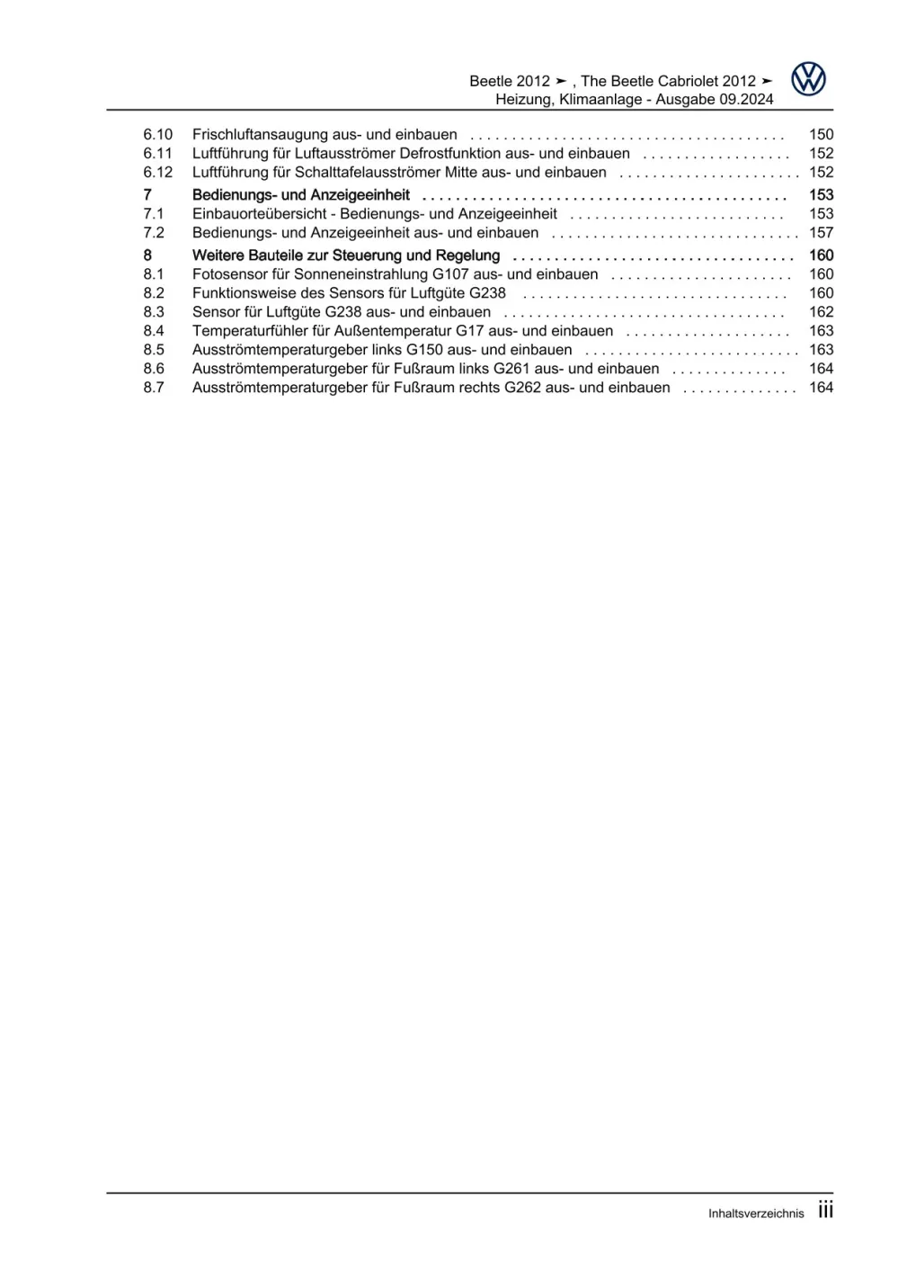 VW Beetle Cabrio Typ 5C 2011-2016 Heizung Lüftung Klimaanlage Reparaturanleitung
