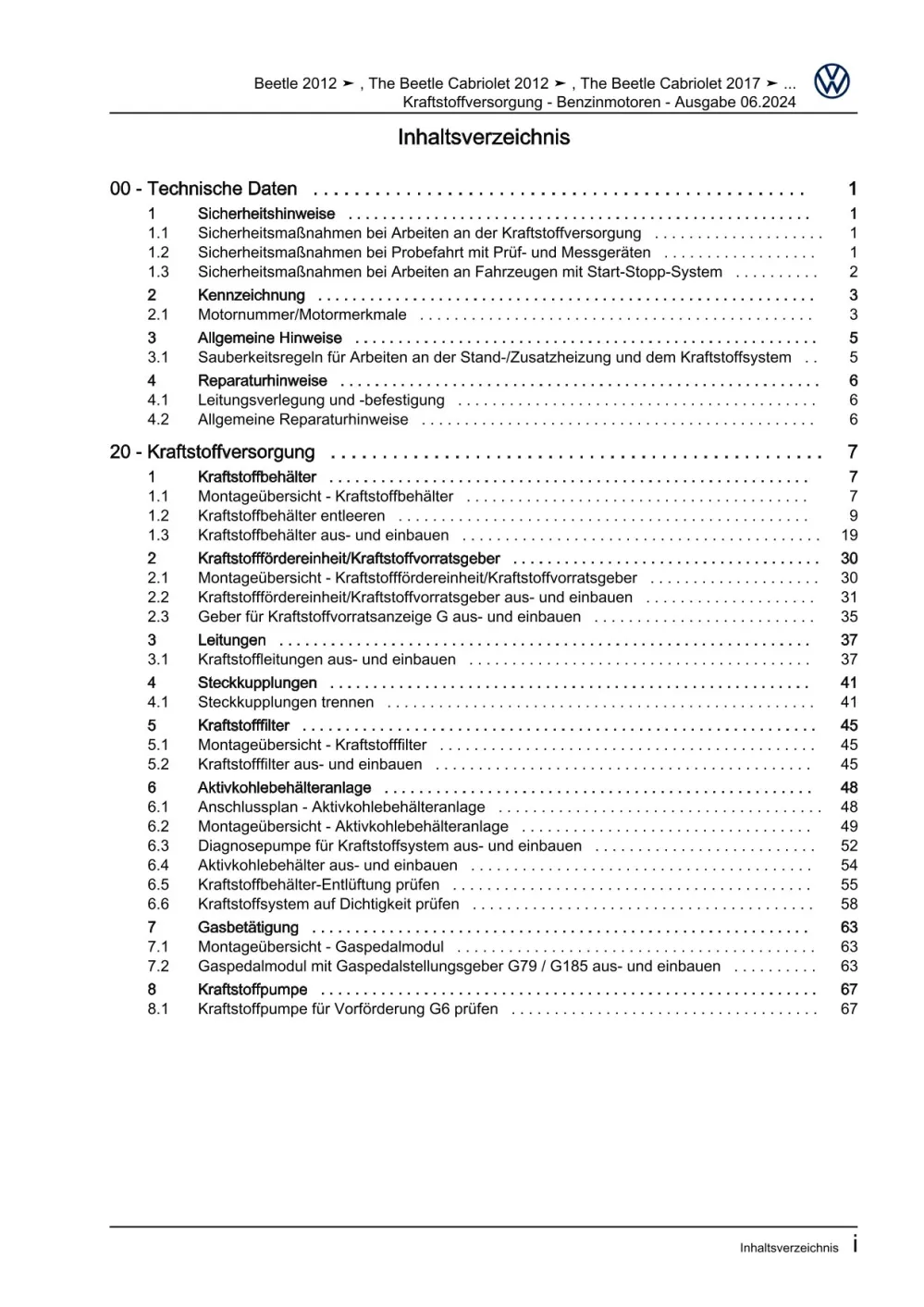 VW Beetle Cabrio 5C (11-16) Kraftstoffversorgung Benzinmotor Reparaturanleitung