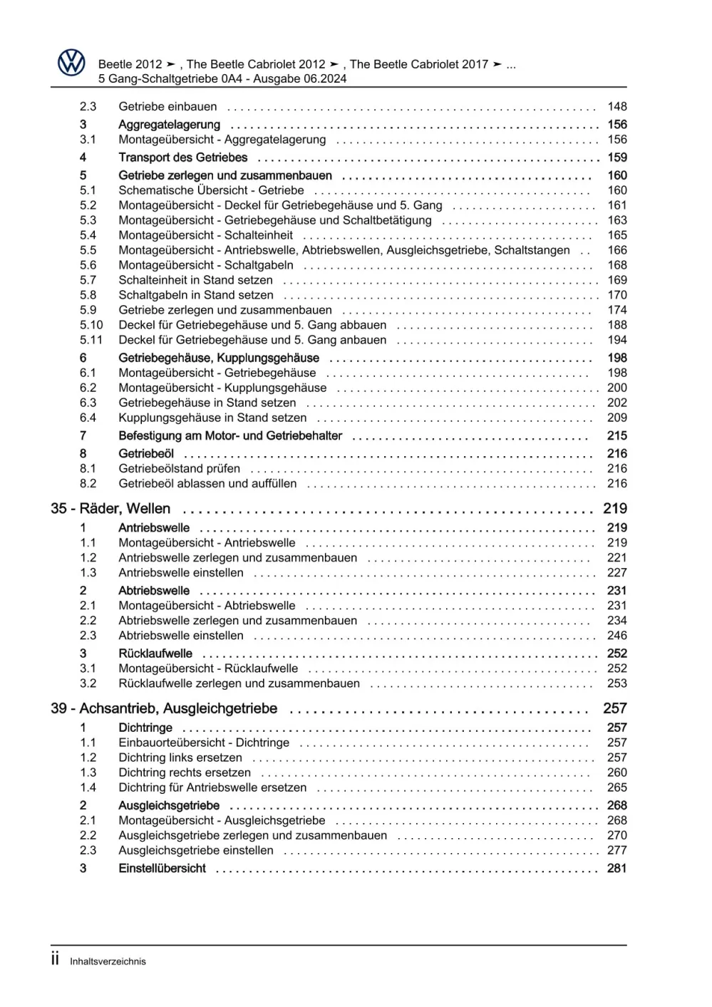 VW Beetle Cabrio Typ 5C 2011-2016 5 Gang Schaltgetriebe 0A4 Reparaturanleitung