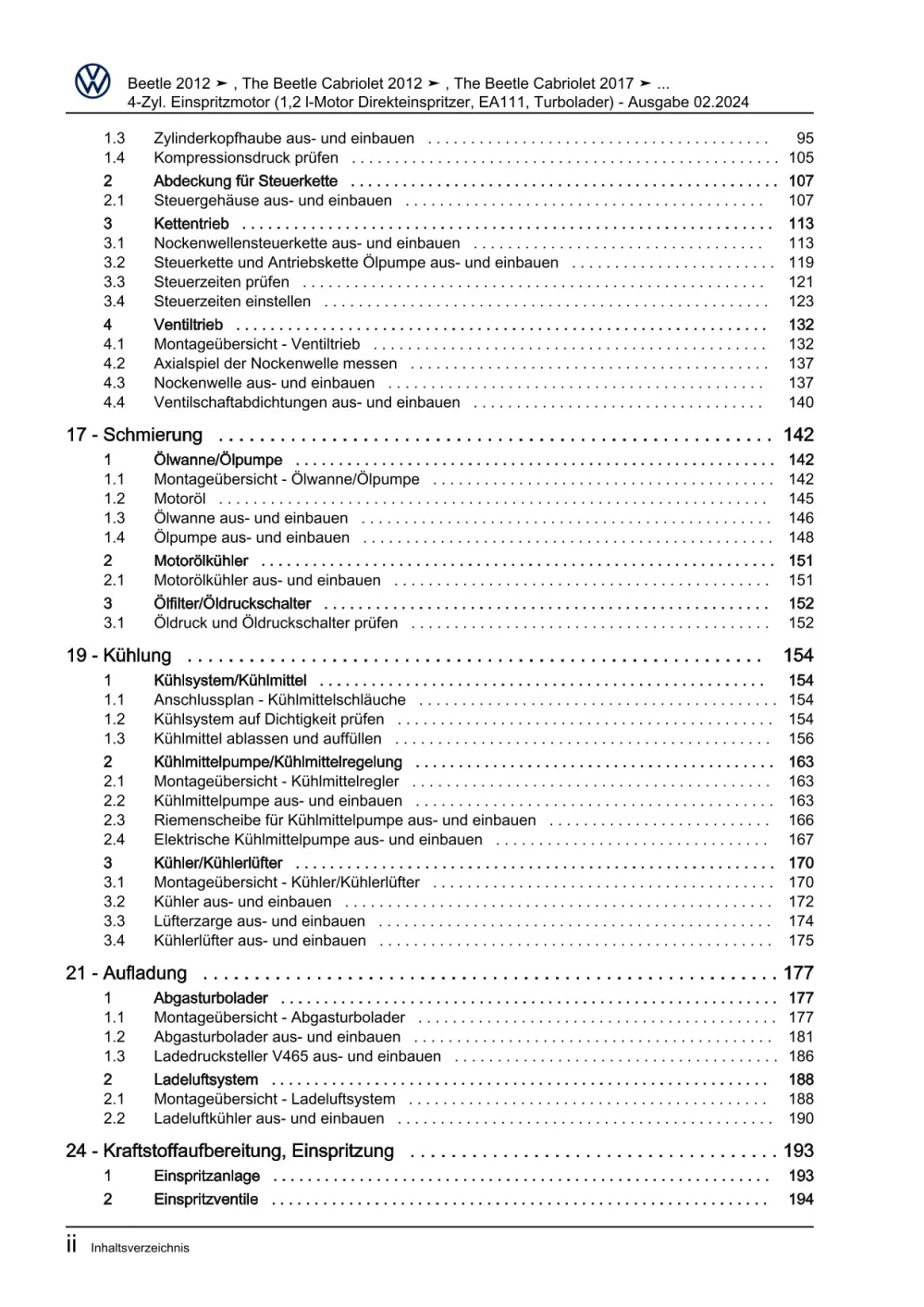 VW Beetle Cabrio 5C 2011-2016 4-Zyl. Benzinmotor 1,2l 105 PS Reparaturanleitung