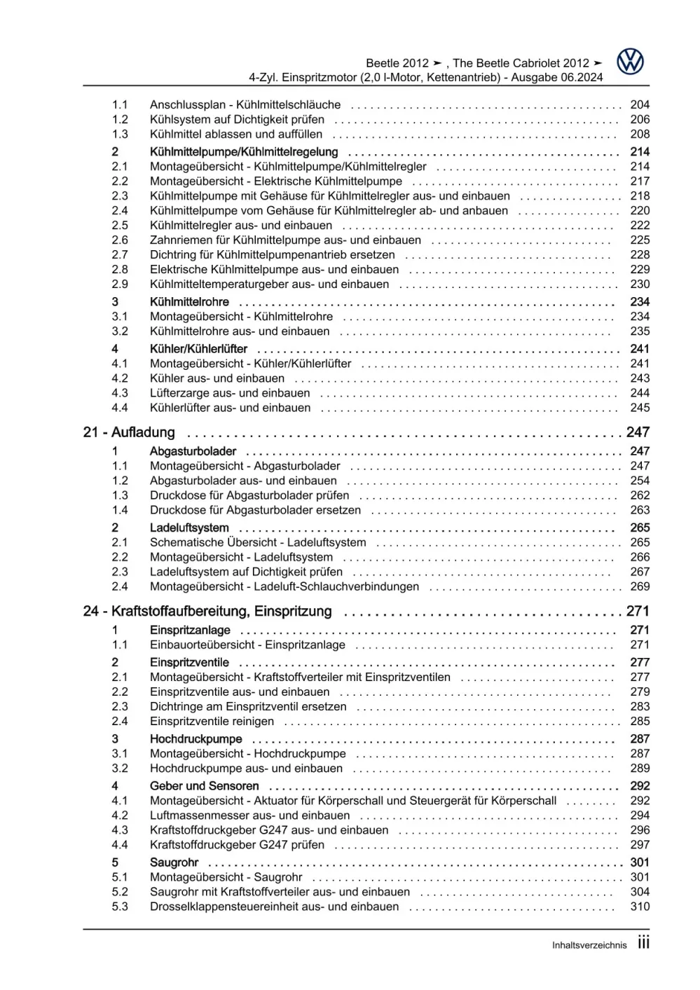 VW Beetle Cabrio 5C 2011-2016 4-Zyl. Benzinmotor 2,0l 200 PS Reparaturanleitung