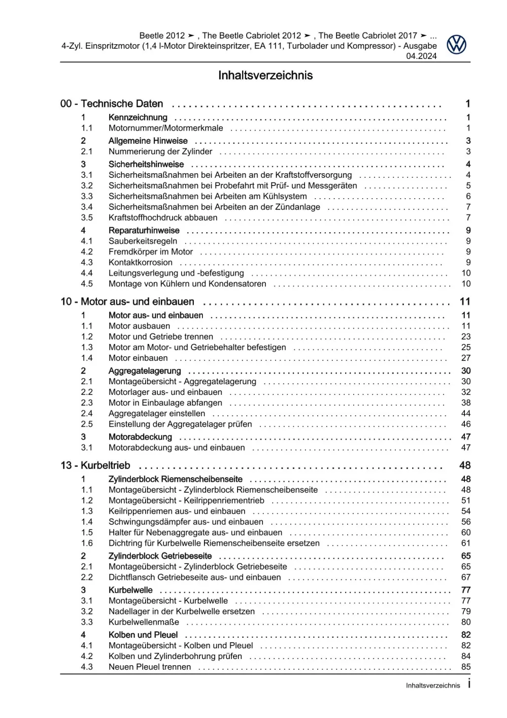 VW Beetle Cabrio 5C 2011-2016 4-Zyl. Benzinmotor 1,4l 160 PS Reparaturanleitung