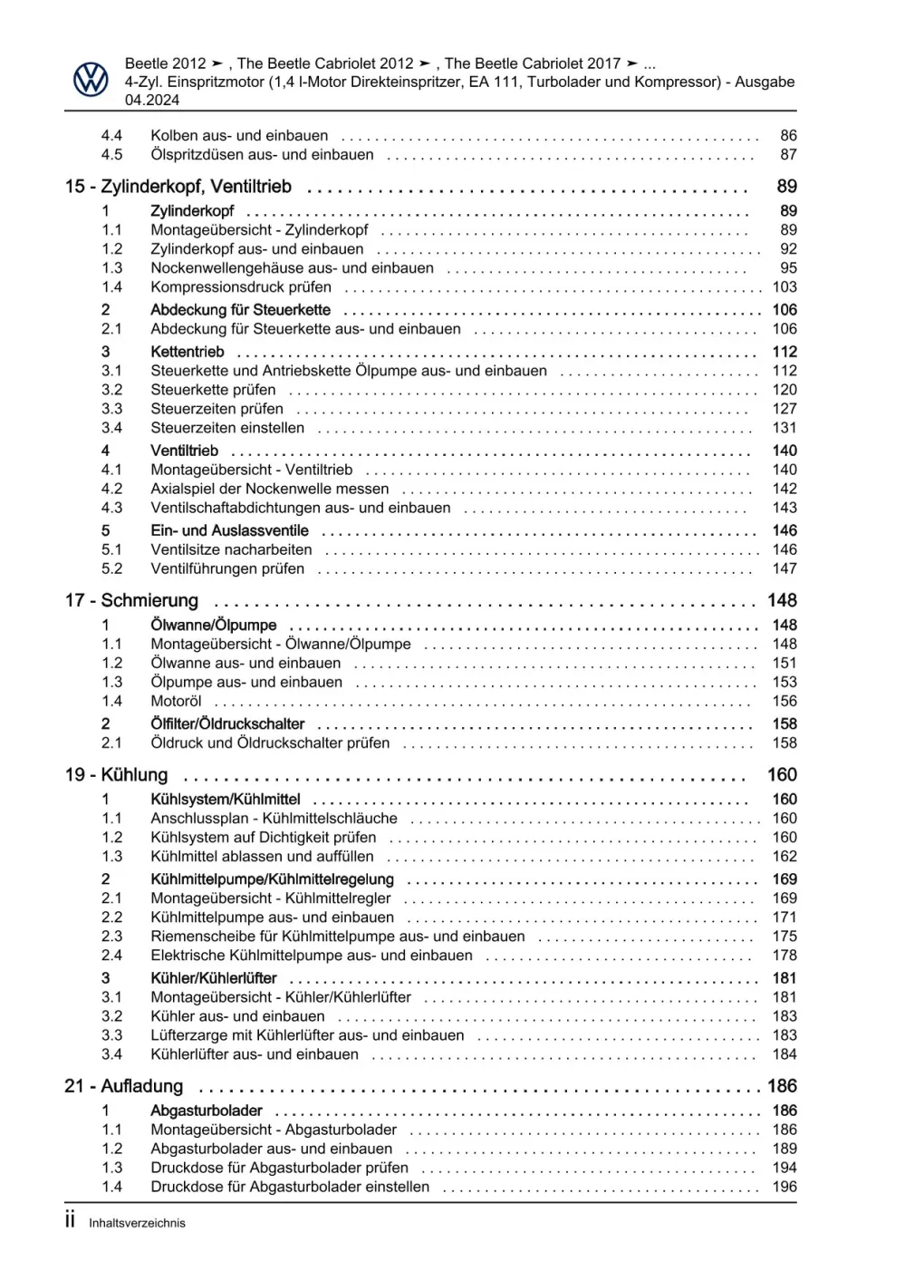 VW Beetle Cabrio 5C 2011-2016 4-Zyl. Benzinmotor 1,4l 160 PS Reparaturanleitung
