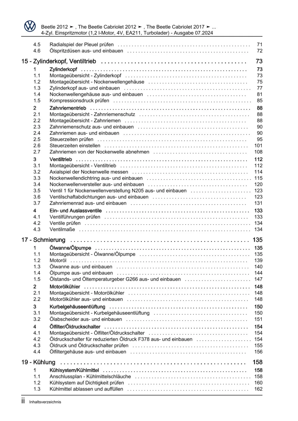 VW Beetle Cabrio 5C 2011-2016 4-Zyl. 1,2l Benzinmotor 105 PS Reparaturanleitung