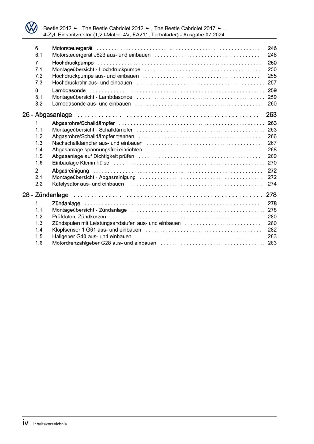 VW Beetle Cabrio 5C 2011-2016 4-Zyl. 1,2l Benzinmotor 105 PS Reparaturanleitung