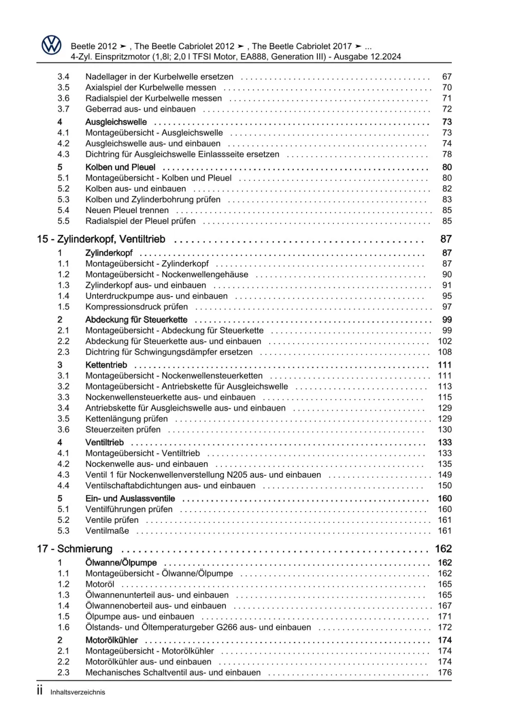 VW Beetle Cabrio 5C 2011-2016 4-Zyl. Benzinmotor 170-220 PS Reparaturanleitung