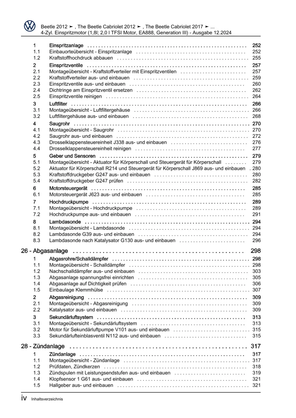 VW Beetle Cabrio 5C 2011-2016 4-Zyl. Benzinmotor 170-220 PS Reparaturanleitung