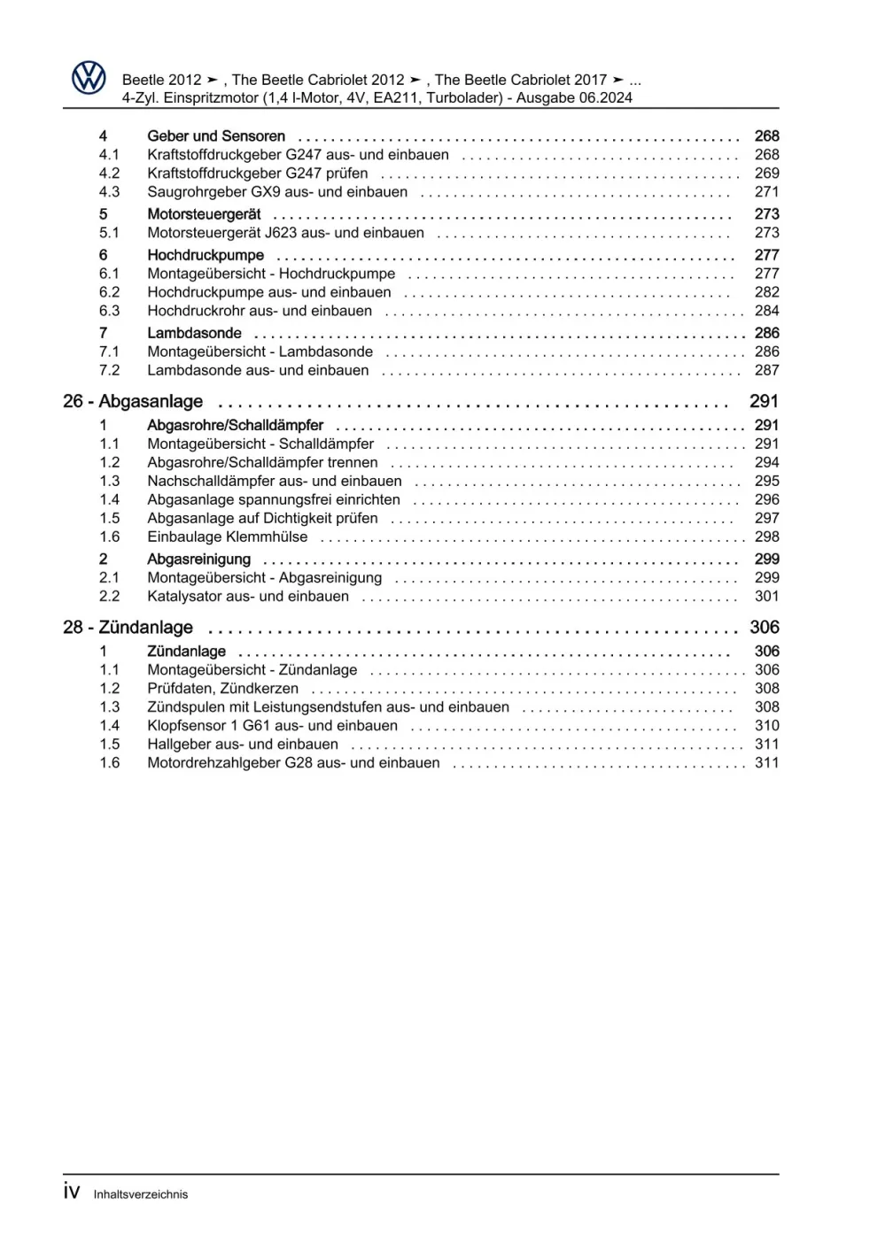 VW Beetle Cabrio 5C 2011-2016 4-Zyl. Benzinmotor 1,4l 150 PS Reparaturanleitung