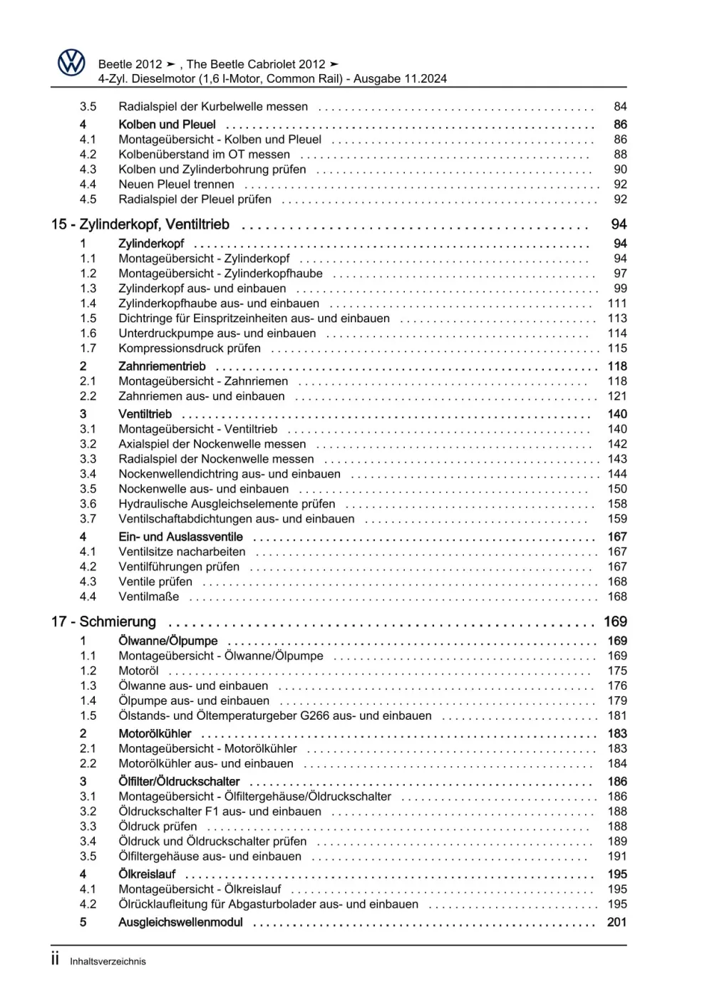 VW Beetle Cabrio 5C 2011-2016 4-Zyl. Dieselmotor 1,6l 105 PS Reparaturanleitung