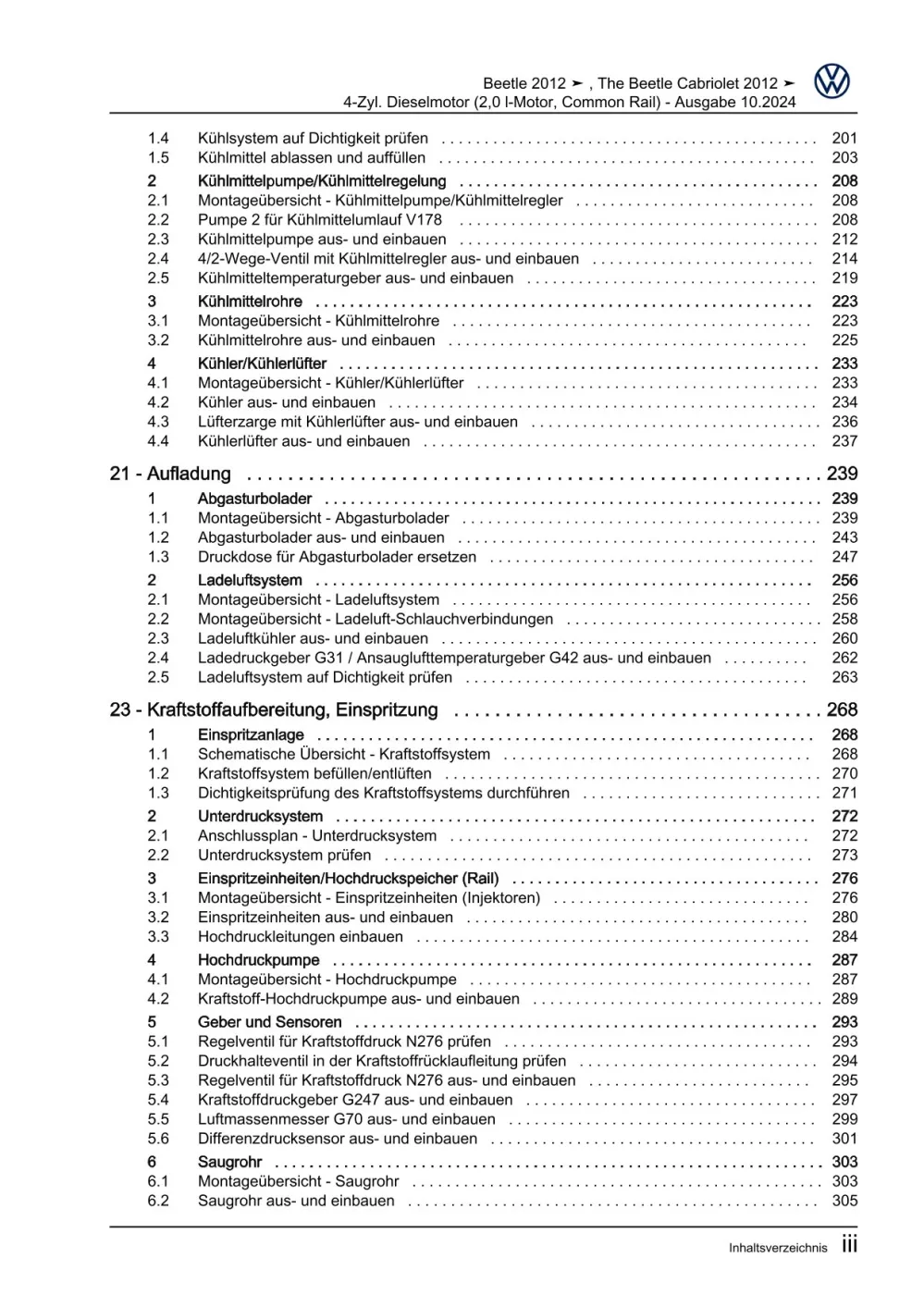 VW Beetle Cabrio 5C 2011-2016 4-Zyl. 2,0l Dieselmotor 140 PS Reparaturanleitung