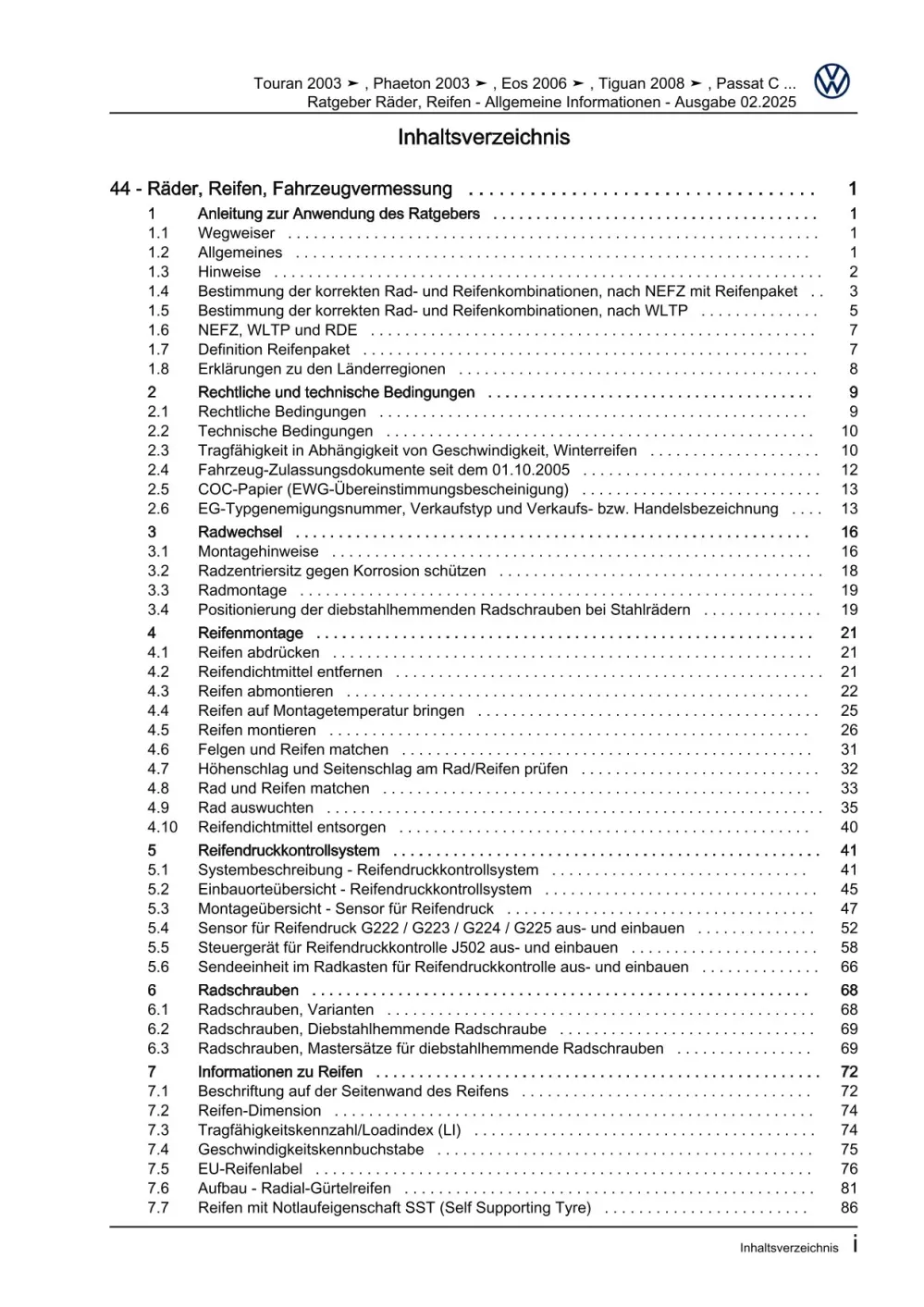 VW Beetle Cabrio 5C 2011-2016 Räder Reifen Allgemeine Infos Reparaturanleitung