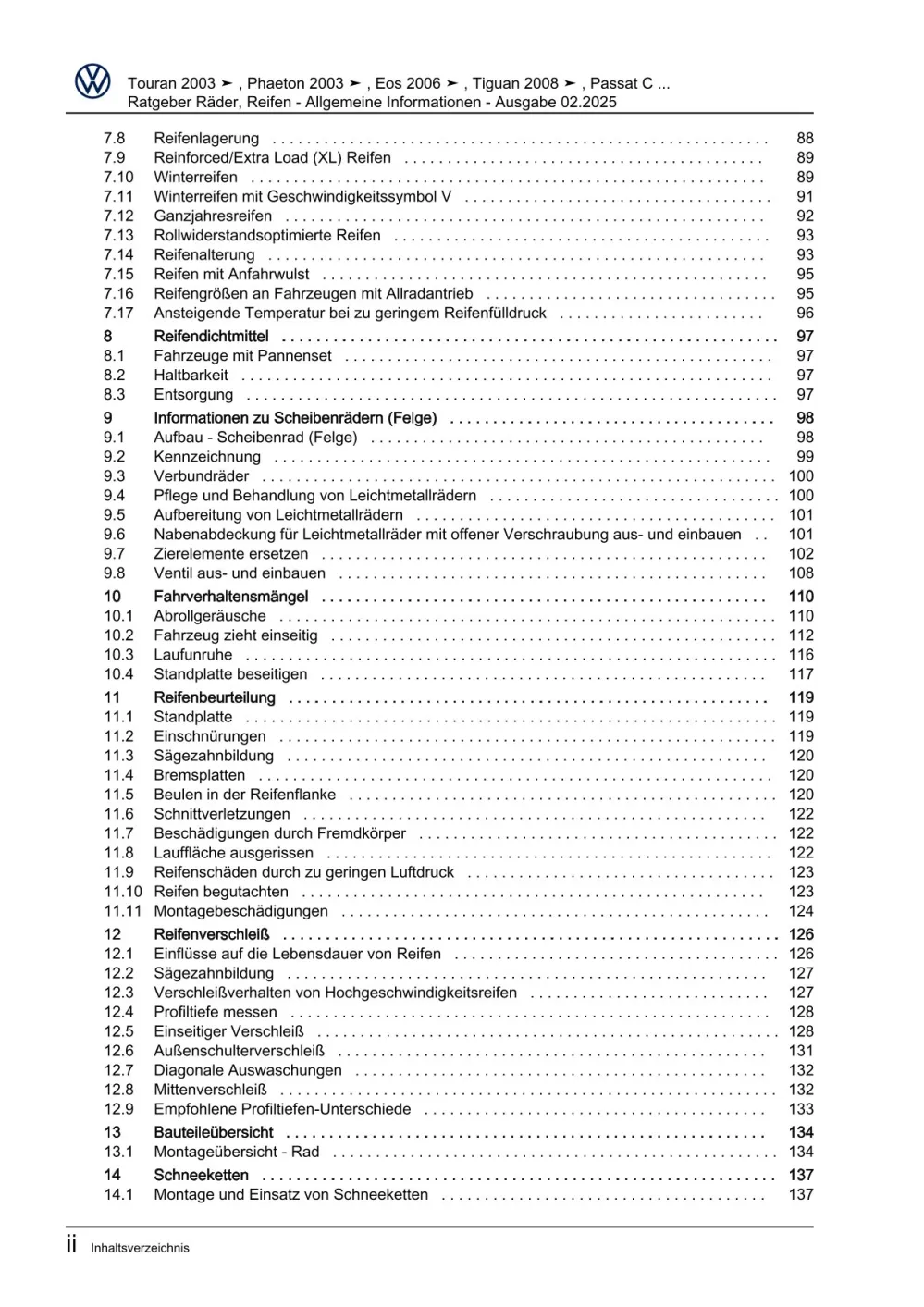 VW Beetle Cabrio 5C 2011-2016 Räder Reifen Allgemeine Infos Reparaturanleitung