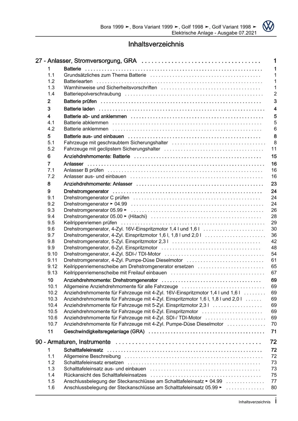 VW Bora Typ 1J 1998-2005 Elektrische Anlage Elektrik Systeme Reparaturanleitung