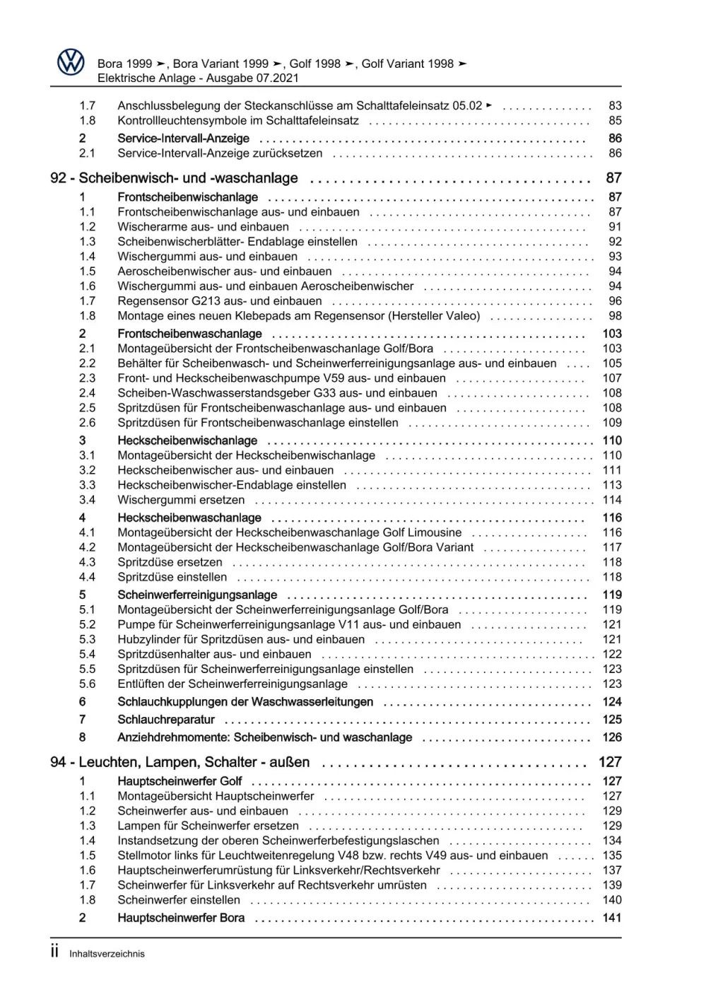 VW Bora Typ 1J 1998-2005 Elektrische Anlage Elektrik Systeme Reparaturanleitung