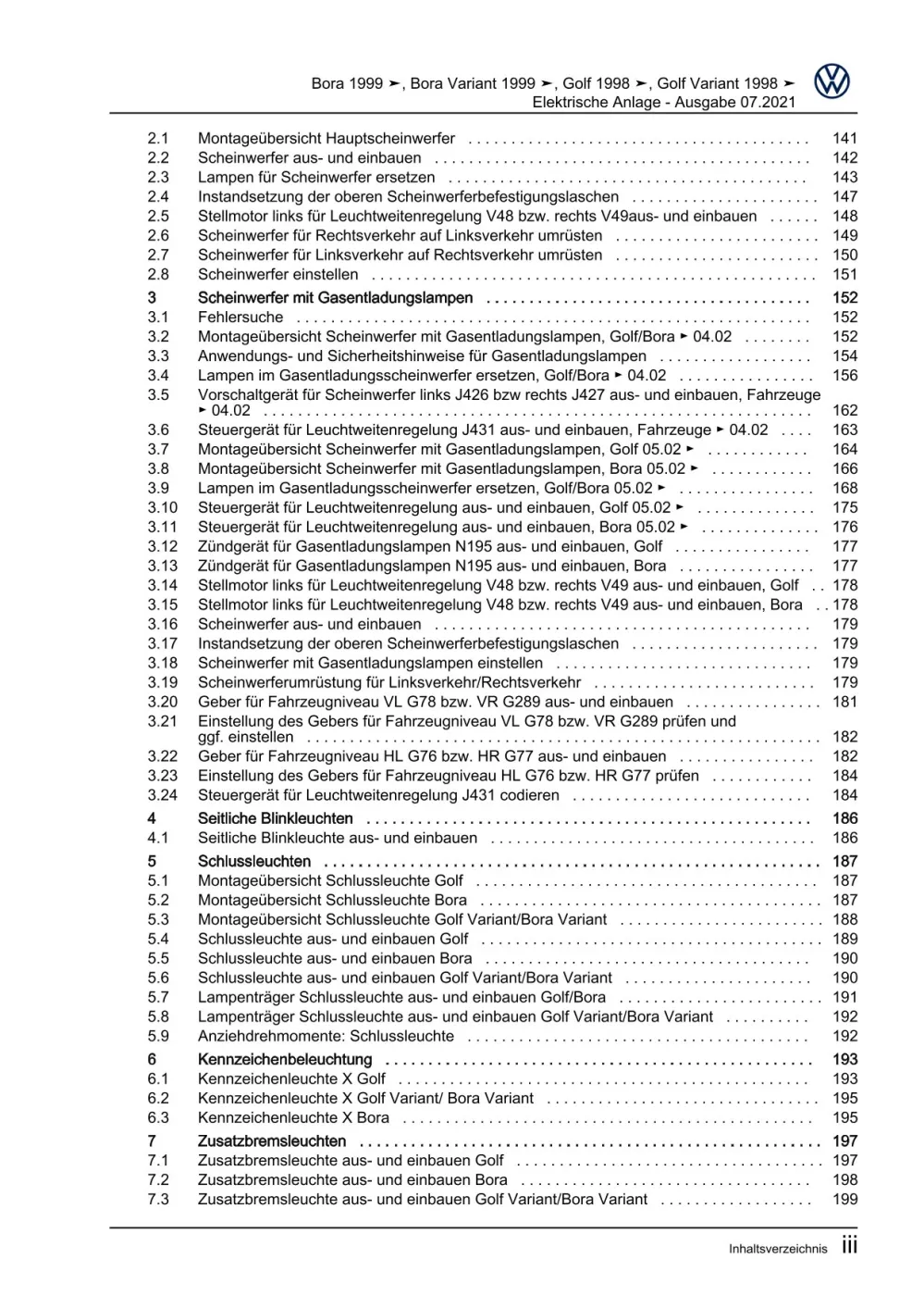 VW Bora Typ 1J 1998-2005 Elektrische Anlage Elektrik Systeme Reparaturanleitung