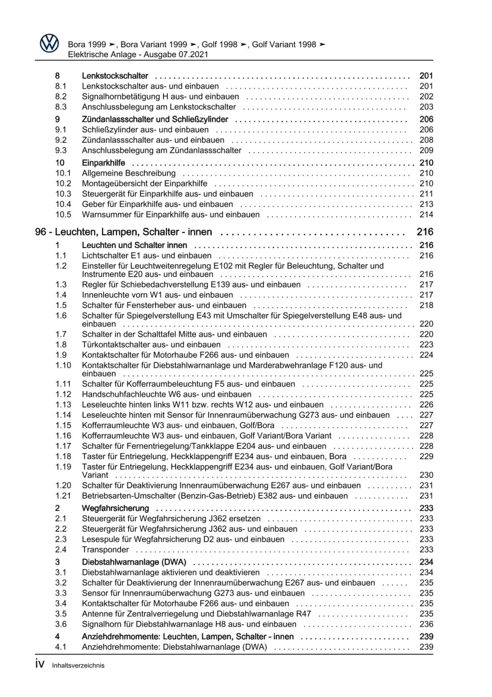 VW Bora Typ 1J 1998-2005 Elektrische Anlage Elektrik Systeme Reparaturanleitung