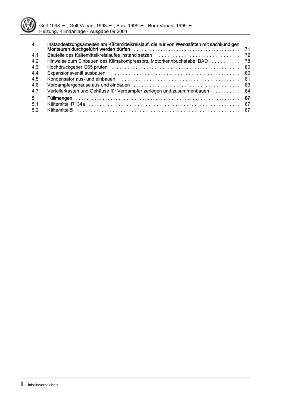 VW Bora Typ 1J 1998-2005 Heizung Lüftung Klimaanlage Reparaturanleitung