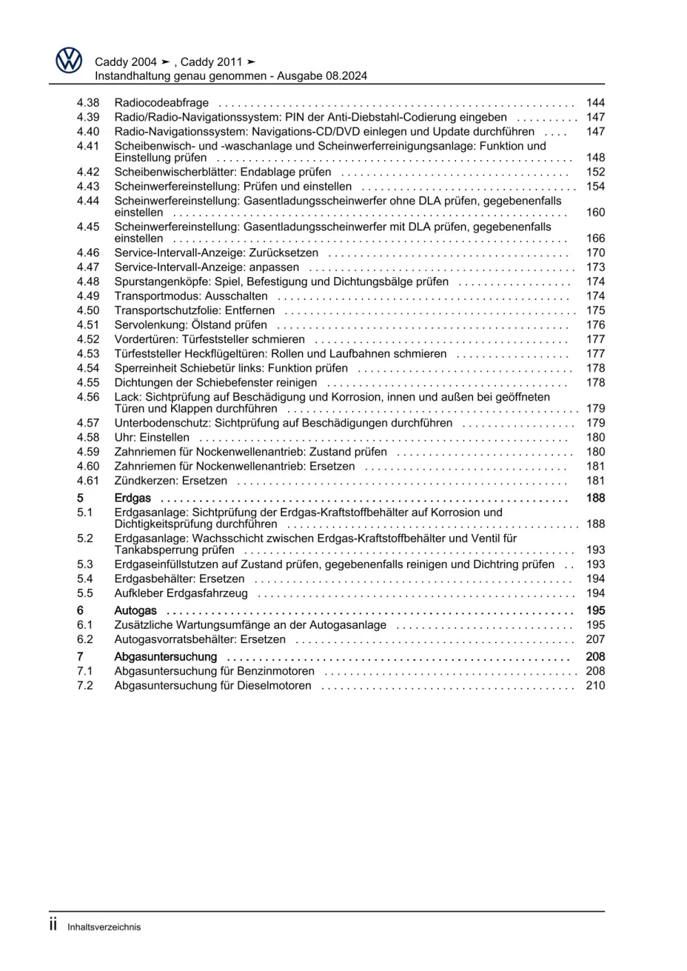 VW Caddy Typ 2C 2010-2015 Instandhaltung Inspektion Wartung Reparaturanleitung