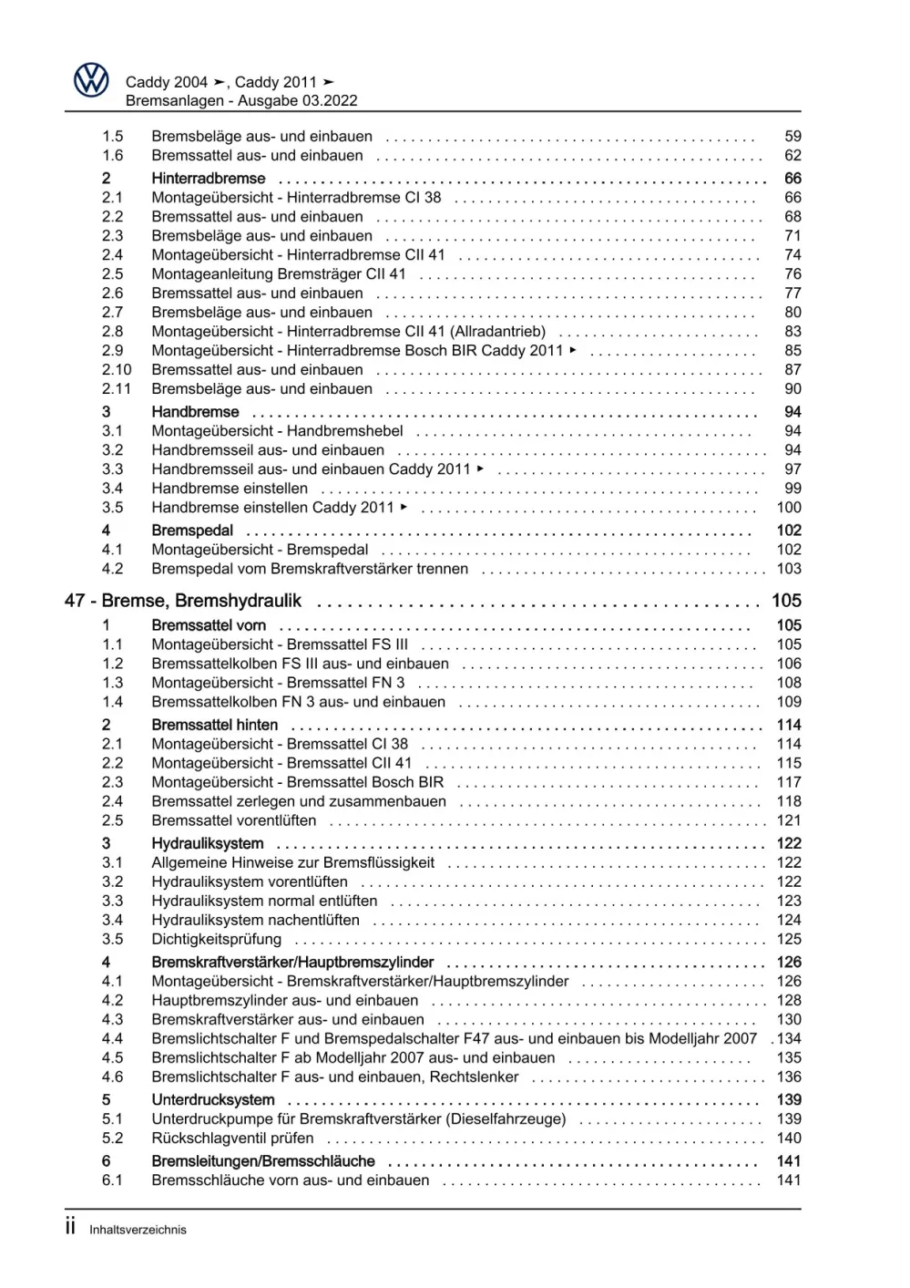 VW Caddy Typ 2C 2010-2015 Bremsanlage Bremsen System Reparaturanleitung