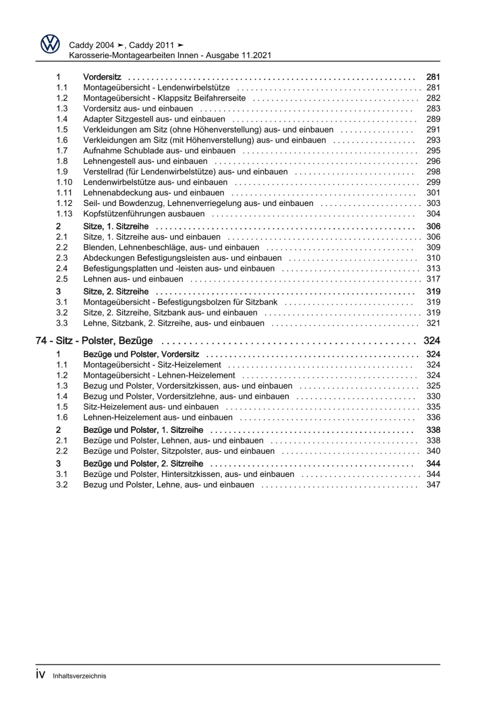 VW Caddy Typ 2C 2010-2015 Karosserie Montagearbeiten Innen Reparaturanleitung