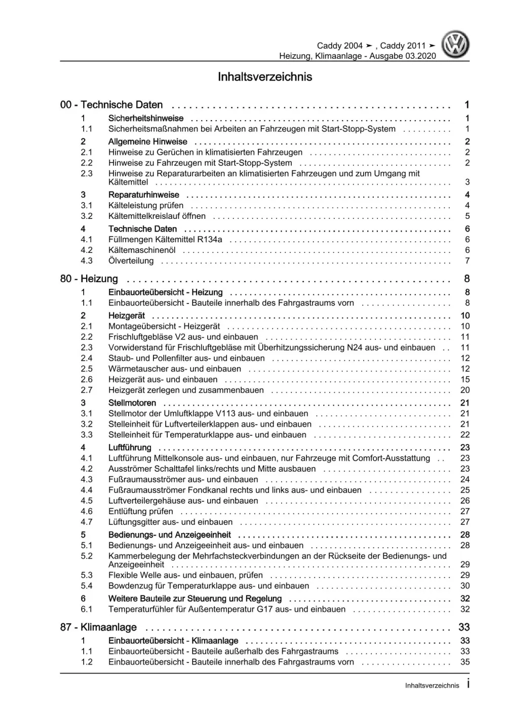 VW Caddy Typ 2C 2010-2015 Heizung Lüftung Klimaanlage Reparaturanleitung