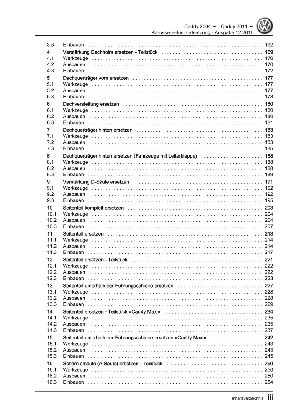 VW Caddy Typ 2C 2010-2015 Karosserie Unfall Instandsetzung Reparaturanleitung