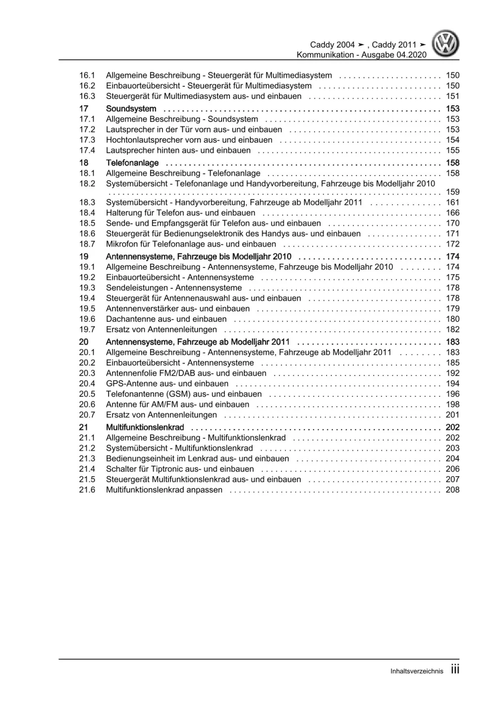 VW Caddy 2C 2010-2015 Kommunikation Radio Telefon Navigation Reparaturanleitung