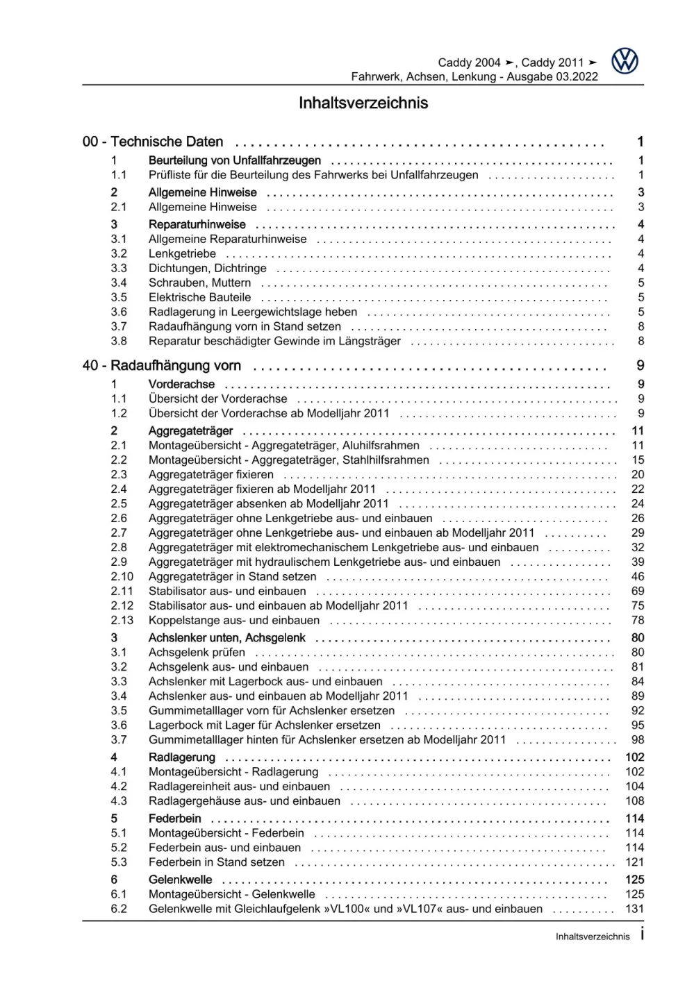VW Caddy Typ 2C 2010-2015 Fahrwerk Achsen Lenkung Reparaturanleitung