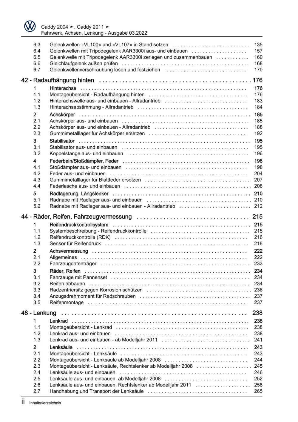 VW Caddy Typ 2C 2010-2015 Fahrwerk Achsen Lenkung Reparaturanleitung