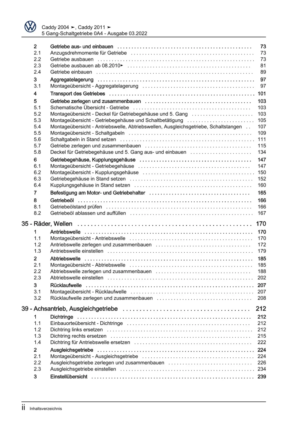 VW Caddy Typ 2C 2010-2015 5 Gang Schaltgetriebe 0A4 Kupplung Reparaturanleitung