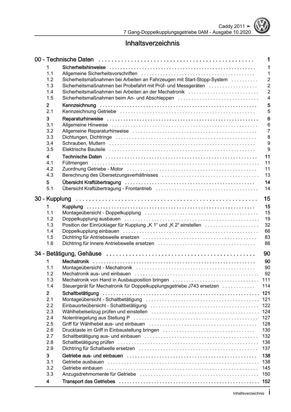 VW Caddy Typ 2C 2010-2015 7 Gang Automatikgetriebe DKG 0AM Reparaturanleitung