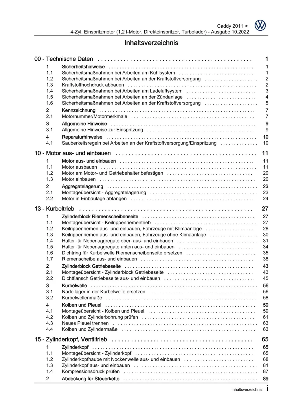 VW Caddy Typ 2C 2010-2015 4-Zyl. Benzinmotor 1,2l 86-105 PS Reparaturanleitung