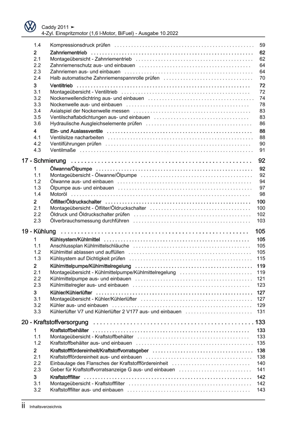 VW Caddy Typ 2C 2010-2015 4-Zyl. Erdgas Benzinmotor 102 PS Reparaturanleitung