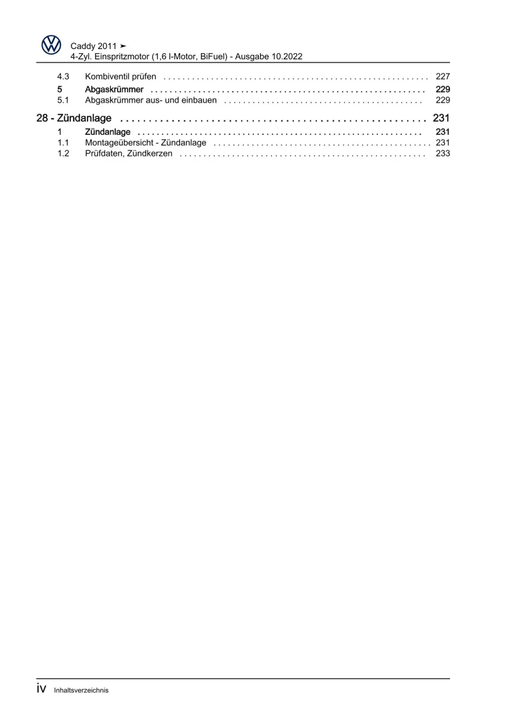 VW Caddy Typ 2C 2010-2015 4-Zyl. Erdgas Benzinmotor 102 PS Reparaturanleitung
