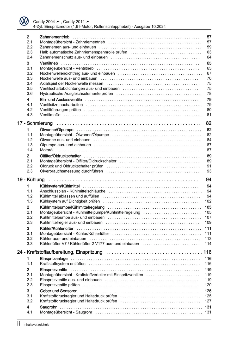VW Caddy Typ 2C 2010-2015 4-Zyl. Benzinmotor 1,6l 102 PS Reparaturanleitung