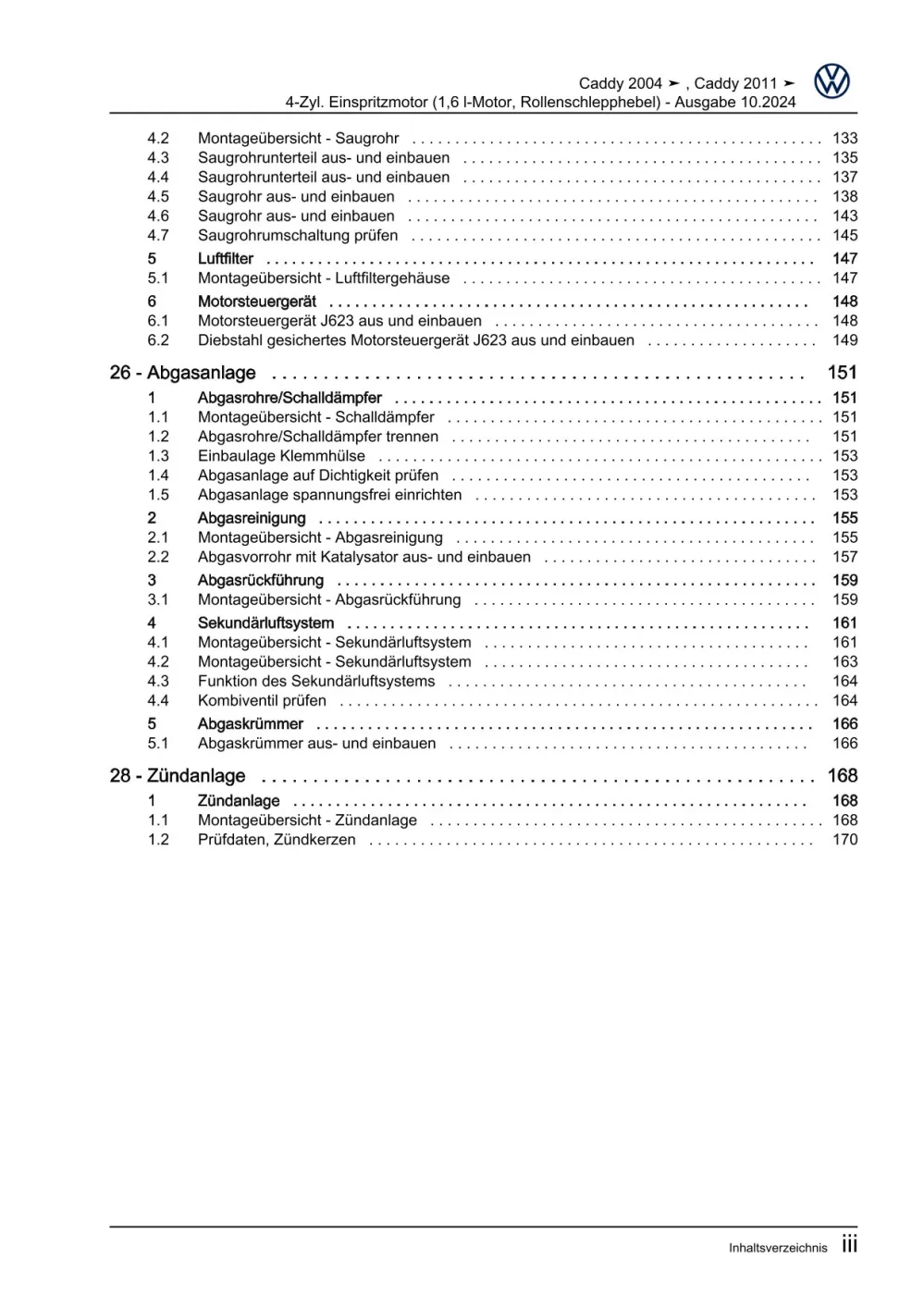 VW Caddy Typ 2C 2010-2015 4-Zyl. Benzinmotor 1,6l 102 PS Reparaturanleitung