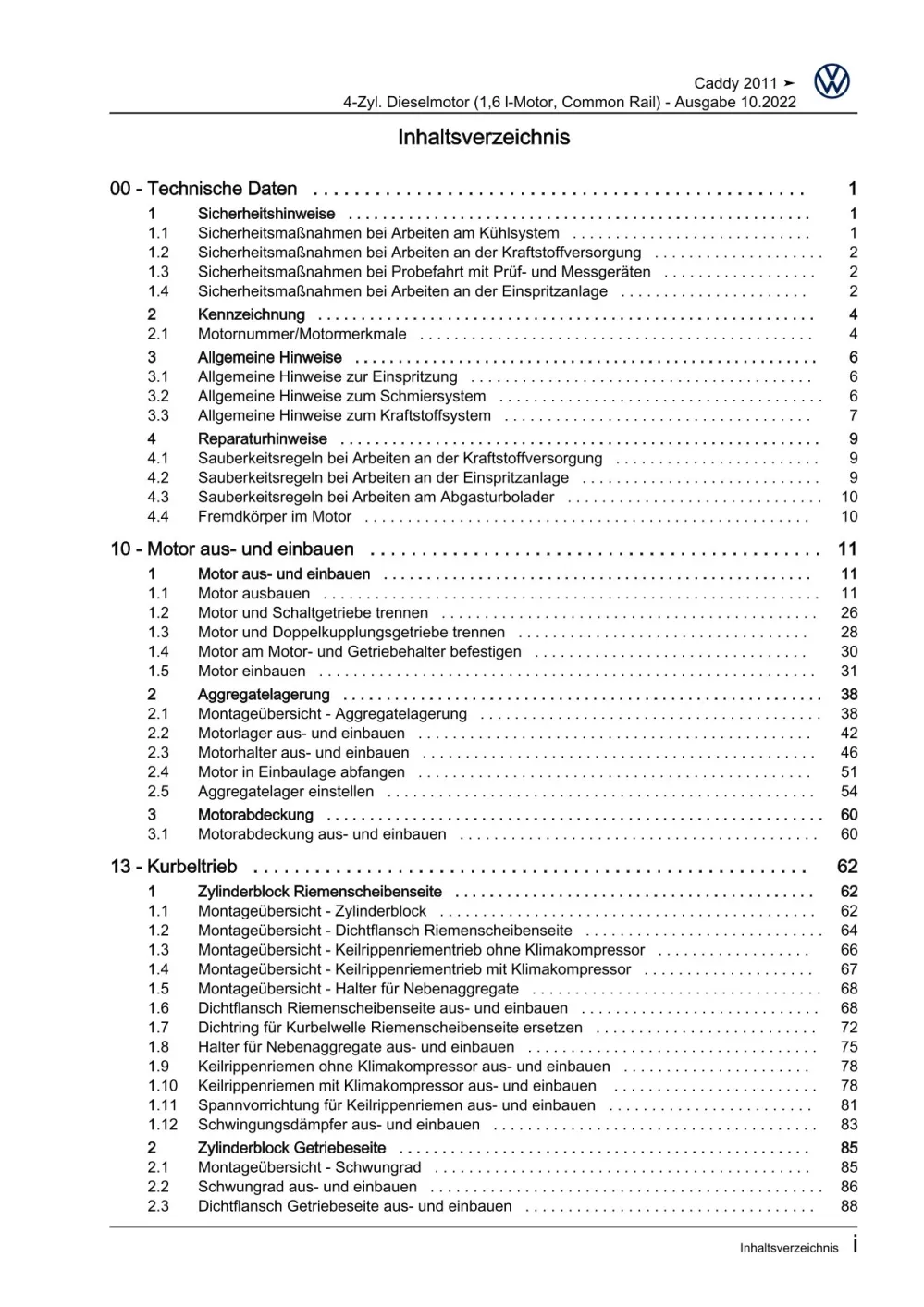 VW Caddy Typ 2C 2010-2015 4-Zyl. Dieselmotor 1,6l 75-102 PS Reparaturanleitung
