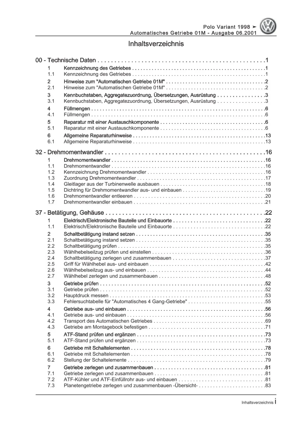 VW Caddy Typ 9K 1995-2003 4 Gang Automatikgetriebe 01M Reparaturanleitung