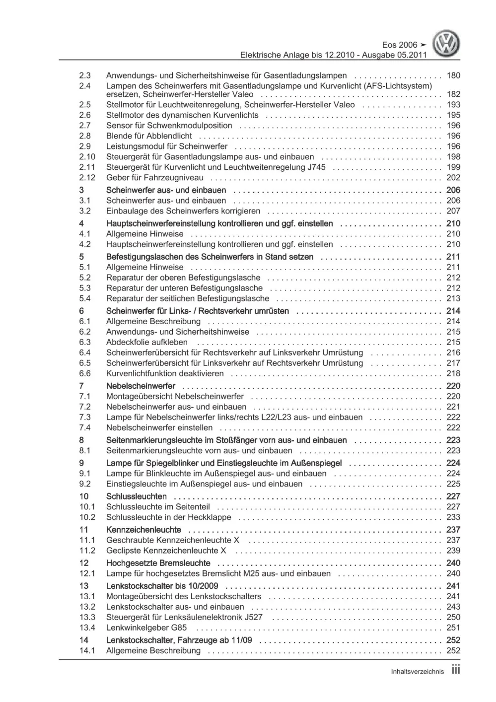 VW EOS Typ 1F 2006-2010 Elektrische Anlage Elektrik Systeme Reparaturanleitung