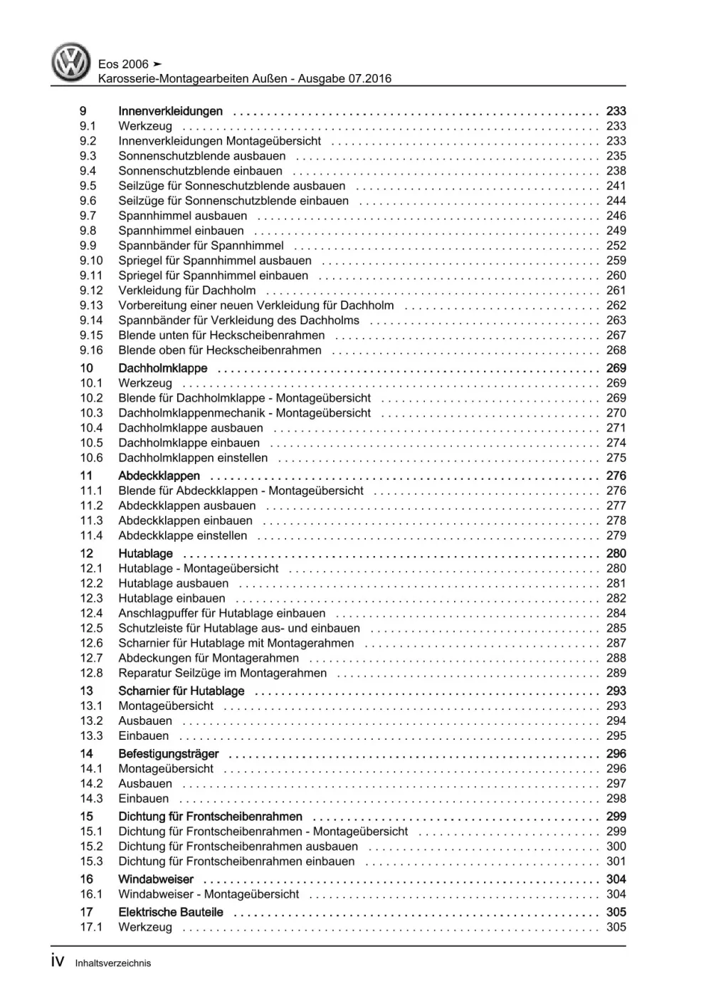 VW EOS Typ 1F 2006-2015 Karosserie Montagearbeiten Außen Reparaturanleitung