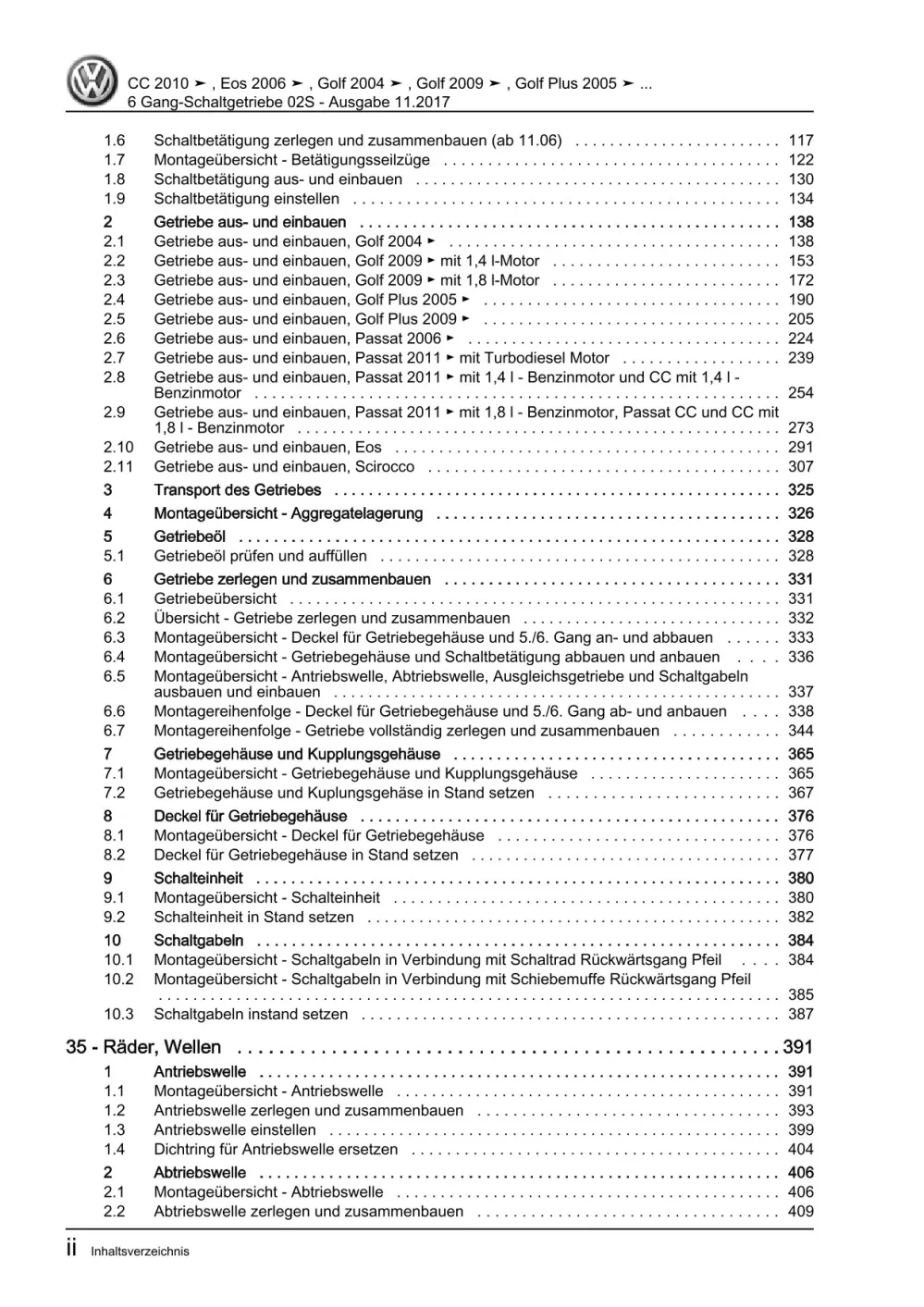 VW EOS Typ 1F 2006-2015 6 Gang Schaltgetriebe 02S Kupplung Reparaturanleitung