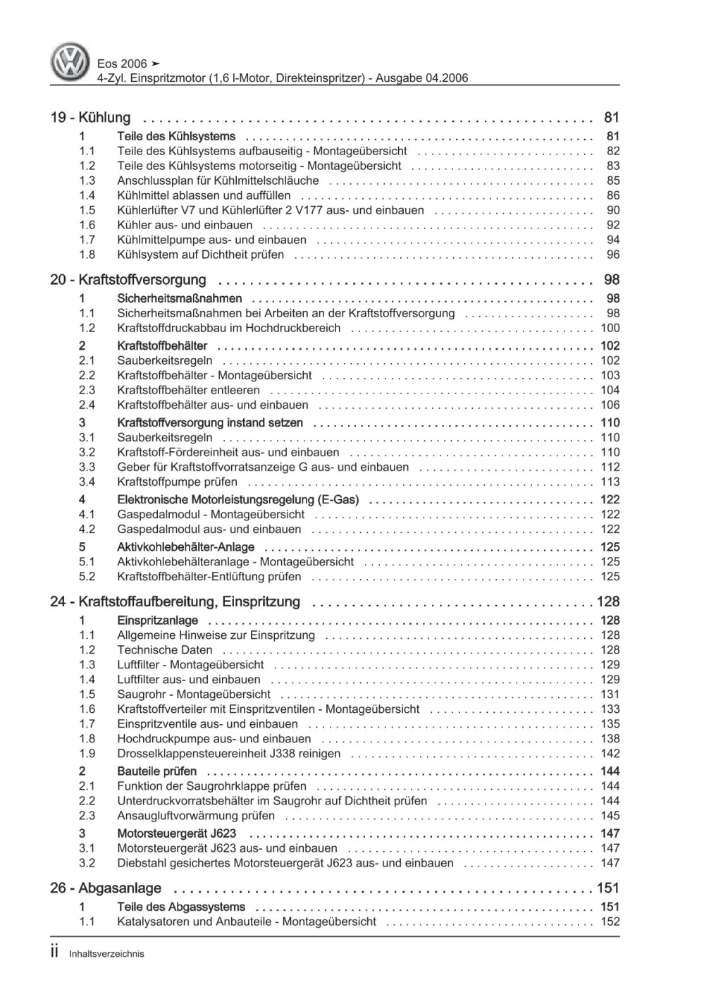 VW EOS Typ 1F 2006-2015 4-Zyl. Benzinmotor 1,6l 115 PS Reparaturanleitung